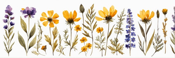 A banner with dry wildflowers in watercolor style, drawing on a white background.