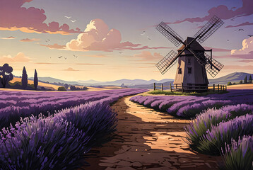A serene countryside with fields of lavender and a rustic windmill vector art illustration...
