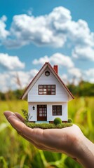 Someone holding a small model house in their hand in a field