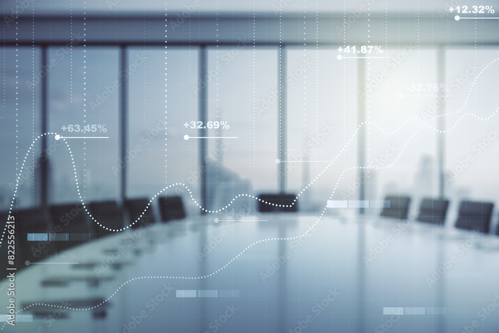 Poster abstract virtual stats data hologram on a modern conference room background. multiexposure