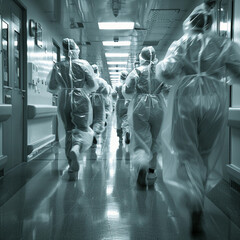 blurred doctors walking with fast movement in a hospital