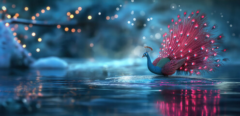 beautiful red ruby peacock elegance peafowl in celestial enchanted forest