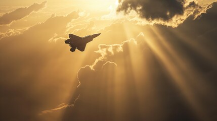 Fighter jet flying through a dramatic sky with sun rays breaking through the clouds
