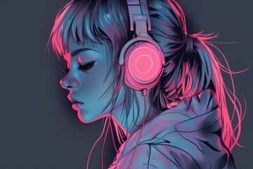 Young girl purple hairs with headphones immersed in lo-fi music, flat illustration in anime style at green background.. Beautiful simple AI generated image in 4K, unique. - Powered by Adobe