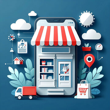 Online shopping concept, digital marketing on website and mobile application, the storefront on a smartphone screen, open 24 hours and offer home delivery service generative ai	