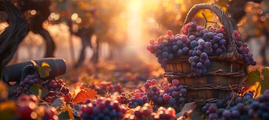 Twilight in a tranquil vineyard  bountiful harvest of colorful grapes in a rustic basket