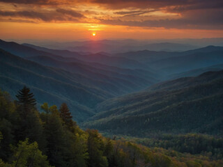 Glowing horizon at sunset in the Smoky Mountains.