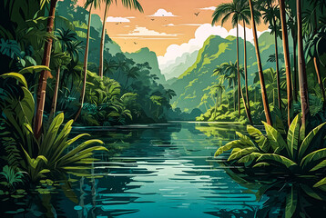 A tranquil river winding through the heart of a dense tropical jungle, with vibrant greenery...