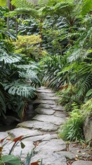 Stone steps lead through a lush tropical garden with giant elephant ear plants and ferns