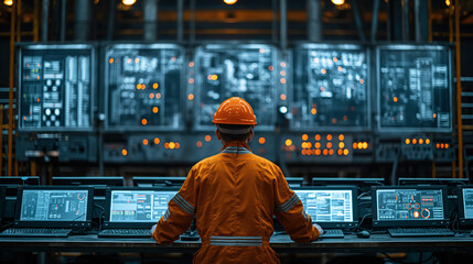 A worker in an orange uniform stands at the control panel of an industrial plant, with multiple screens displaying data and graphics