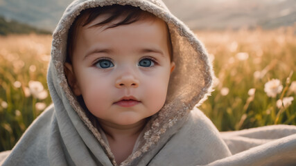 baby is hiding under the white blanket. AI generated image, ai