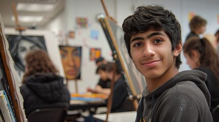 Imagine a high school art class working on creative projects, expressing themselves through various mediums