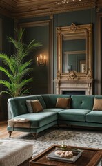 Stylish professional photograph of a dark green and brass luxury living room interior with velvet furniture and tropical plants