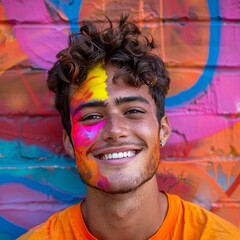 Vibrant LGBTIQA+ Youth Portrait in Neon Face Paint with Graffiti Background, Pop Art Style