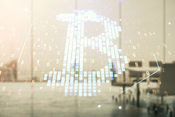Double exposure of creative Bitcoin symbol hologram on a modern meeting room background....