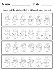 Snowman Puzzle. Printable Activity Page for Kids. Educational Resources for School for Kids. Kids Activity Worksheet. Find the Different Object