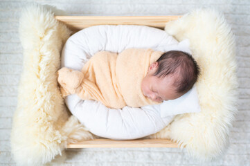 Obraz premium Portrait of Newborn baby in costume sleeping in baby case