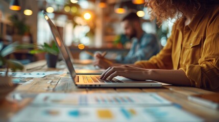 Close-up of hands typing on a laptop with digital interface overlays, representing technology, coding, and data processing in a modern workspace.