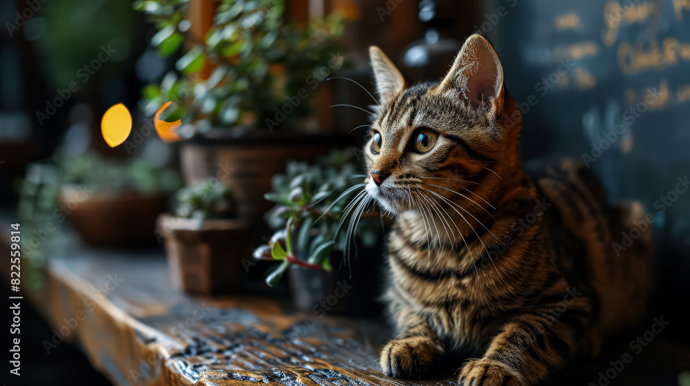 Poster close-up photo of a relaxed cat lounging on a wooden table. the image captures the serene moment wit