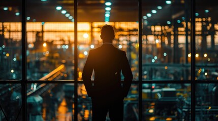 Silhouette of a man in a suit standing in front of a large window, overlooking a factory floor