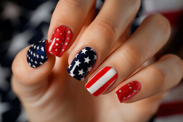 A patriotic 4th of July manicure featuring the red, white, and blue colors of the American flag.