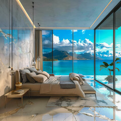Fototapeta premium A bedroom with a large window overlooking the ocean