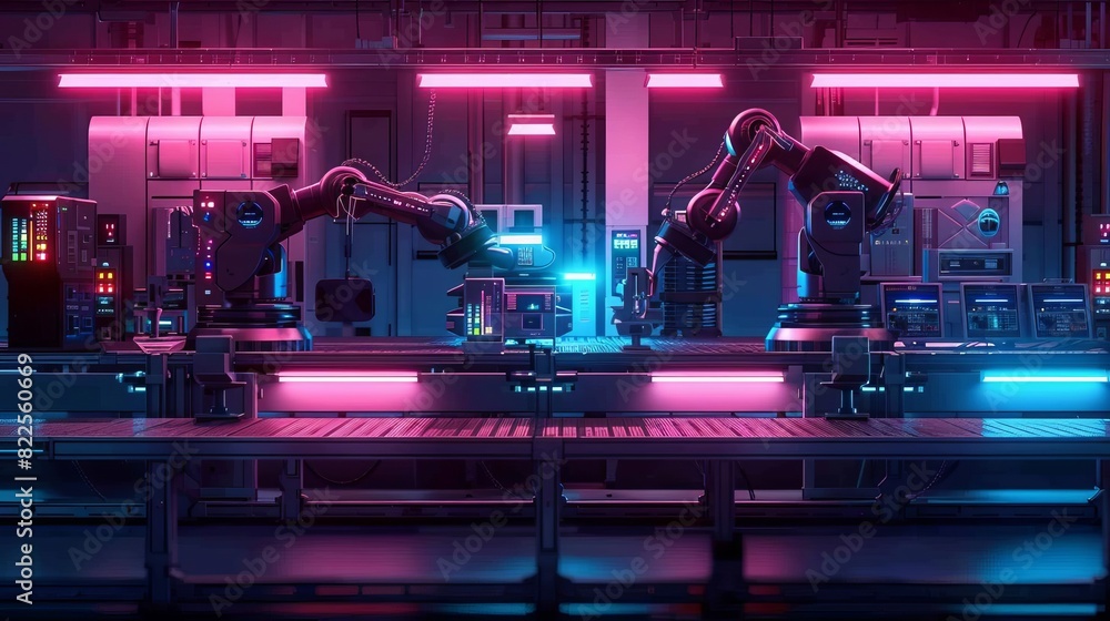 Poster ai controlled smart factory with robotic arms and machines in sync, intelligent manufacturing