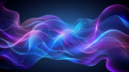 Obraz premium An abstract background with wavy lines and stars in blue and purple hues, overlaid on a dark blue backdrop A text space or wave of light centrally positioned