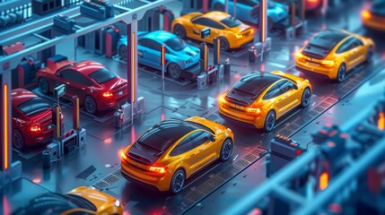 Obraz premium Electric vehicles and autonomous cars being tested in a high-tech facility with various terrains