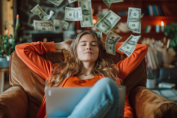 Passive income concept, a successful young woman relaxing on the sofa with her laptop while money she earned through her side hustle is flying through the air