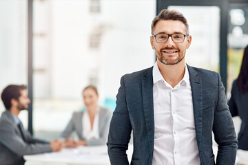 Leader, smile and portrait of businessman in office for management, finance training and workshop....