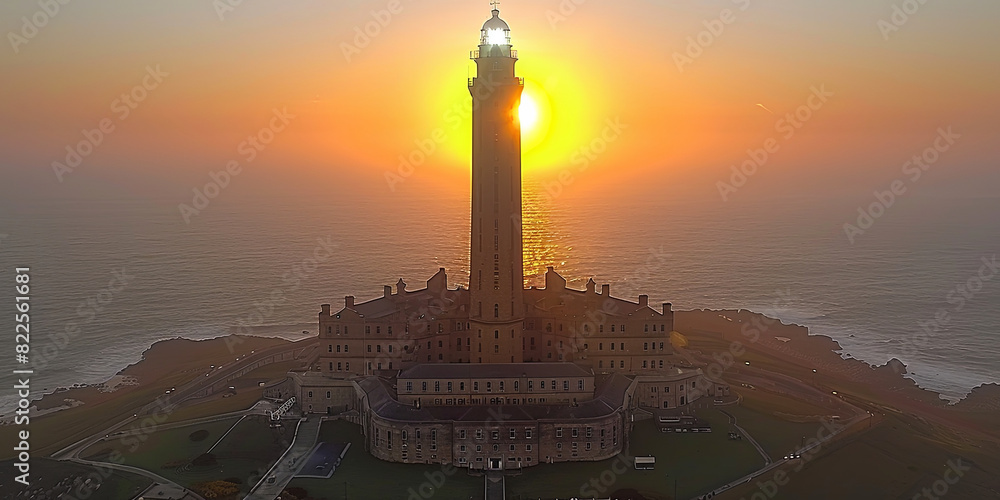 Wall mural a lighthouse is lit up at sunset - Wall murals