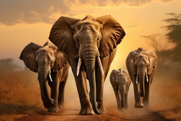 Obraz premium Majestic elephant family walks in a line against a warm sunset backdrop in the savannah