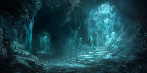 A dark, cold, and mysterious cave with a blue light shining through the entrance