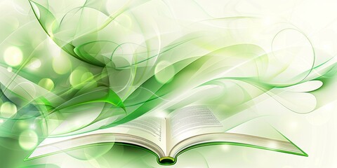 Ethereal green abstract background with an open book and light bokeh effects
