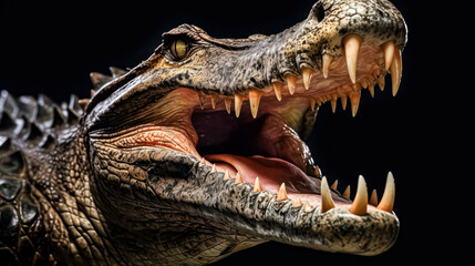 Obraz premium An alligator bares its teeth in a powerful display, showcasing its dominance. The sharp teeth glisten, capturing the primal essence of this magnificent reptile.