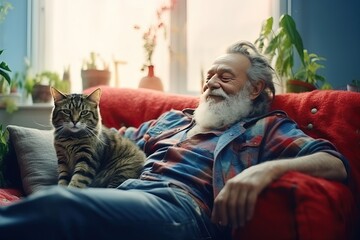 An image of an elderly white man with his beloved cat. They sit at home and chat. Communication with animals and kindness.