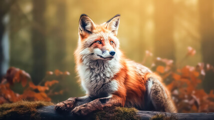 A close-up of a red fox in the autumn forest captures the essence of its fiery coat against the backdrop of vibrant fall foliage, evoking the magic of the season. - Powered by Adobe