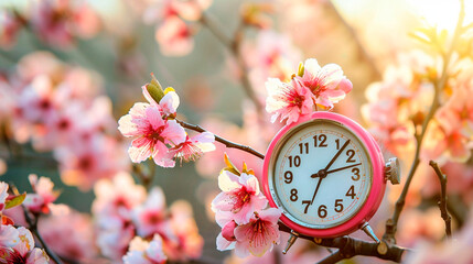 spring background, flowers and cherry tree, nature and alarm clock