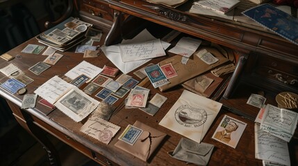 An antique wooden desk cluttered with rare stamps, old letters, and envelopes evokes history and adventure.