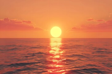 3D Rendering of Red Sunset over the Sea with Big Sun