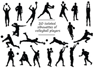 Black silhouettes of volleyball team players in various poses training, running, jumping, throwing, hitting the ball