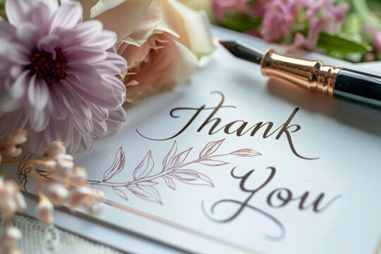 Thank you card with elegant calligraphy text, surrounded by pink and white flowers. Hand-lettered words Thank You on paper greeting card