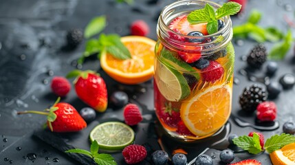 A refreshing summer homemade cocktail of detox fruit-infused water, captured in selective focus.