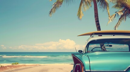 The rear of a vintage car parked by the tropical beach, featuring a surfboard on the roof. This scene evokes a sense of leisure and adventure on a summer trip, enhanced with a retro color effect.
