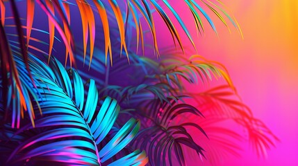 Tropical and palm leaves showcased in vibrant, bold gradient holographic neon colors, creating a concept art piece. This minimal surrealism summer background is both eye-catching and imaginative.