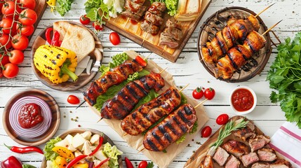 High angle view of a delicious grilled meal - appetizing barbecued meats and vegetables arranged on a white wooden picnic table.