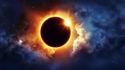 Solar eclipse with a glowing corona in a star-filled sky. Eclipse with radiant halo. Concept of astronomy, celestial events, cosmic phenomena, and solar observation