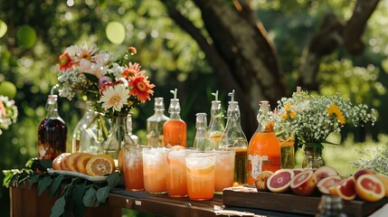 A decorative outdoor party drink station featuring small bottles filled with homemade peach lemonade. The setup provides a charming and refreshing beverage option for guests.