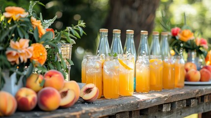 A decorative outdoor party drink station featuring small bottles filled with homemade peach lemonade. The setup provides a charming and refreshing beverage option for guests.